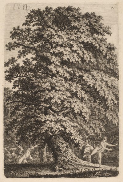 Een Grote Eik in Gehölz. Een Jonge Man met een Speer Volgt een Jong Meisje. door Carl Wilhelm Kolbe