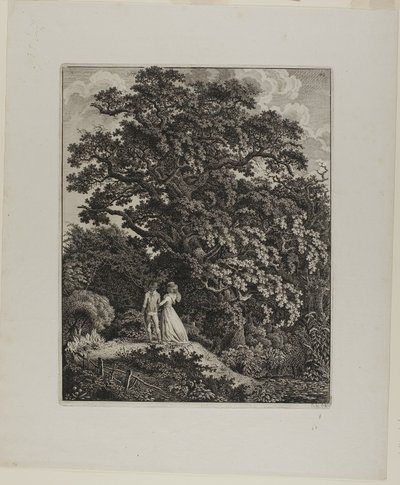 Boslandschap met een Elegant Koppel Wandelend Onder een Eik door Carl Wilhelm Kolbe, the elder