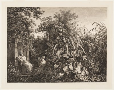 Jongeling die een lier speelt voor een meisje bij een fontein door Carl Wilhelm Kolbe, the elder