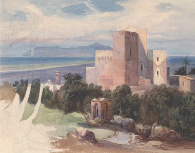 Uitzicht op Terracina met de berg Circeo recto..., midden 19e eeuw door Carl von Blaas
