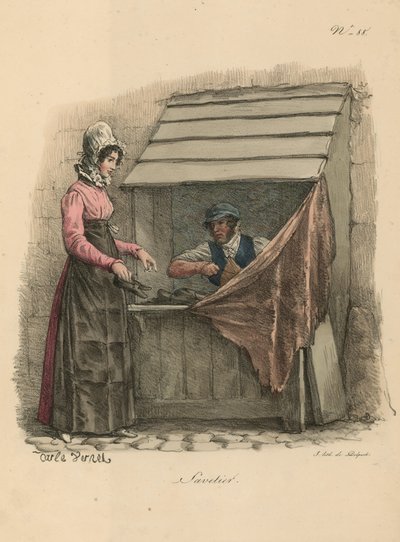 Schoenmaker zittend achter een kraam door Carle Vernet