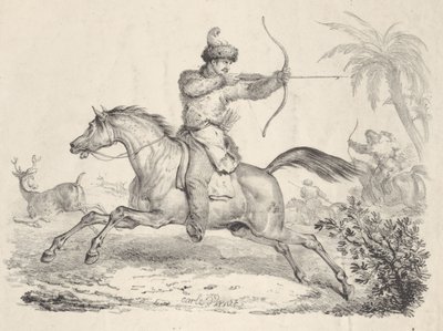 Kozakken te paard jagen op herten, 1821-36 door Carle Vernet