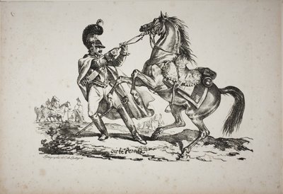 Cuirassier te Voet die zijn Steigerend Paard in Bedwang Houdt door Carle Vernet