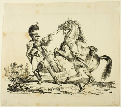 Cuirassier te Voet die Zijn Steigerend Paard Bedwingt door Carle Vernet