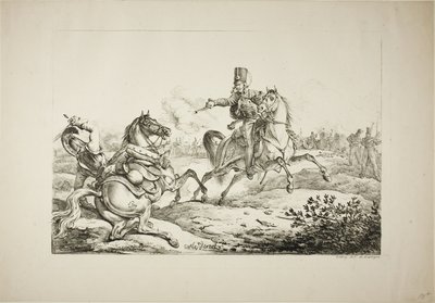Huzaren die zijn Pistool Afvuurt op een Duitse Dragonder door Carle Vernet