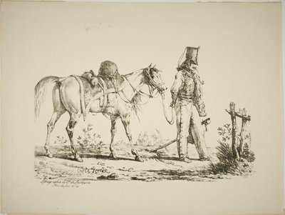 Huzaren lopen voor zijn paard, een pijp rokend door Carle Vernet