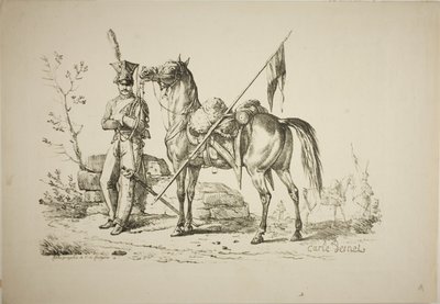 Lansier te Voet Lopend naast zijn Paard door Carle Vernet