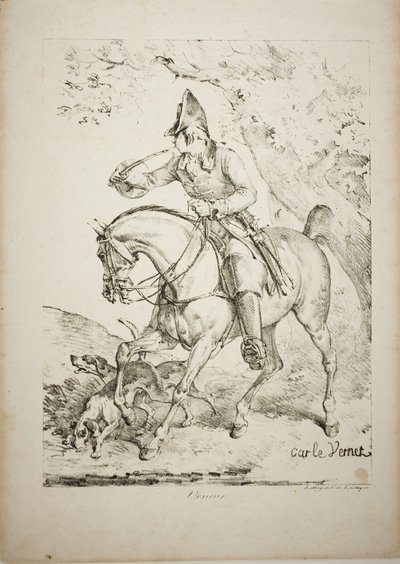 Bereden Jager die een Hoorn Blaast door Carle Vernet