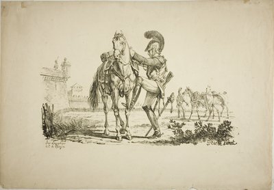Schutter die een paard bestijgt door Carle Vernet
