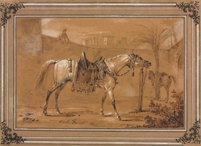 Gezadeld Arabisch paard in binnenplaats door Carle Vernet