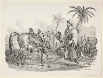 Zittende Arabier met het Hoofd van een Arabisch Paard door Carle Vernet