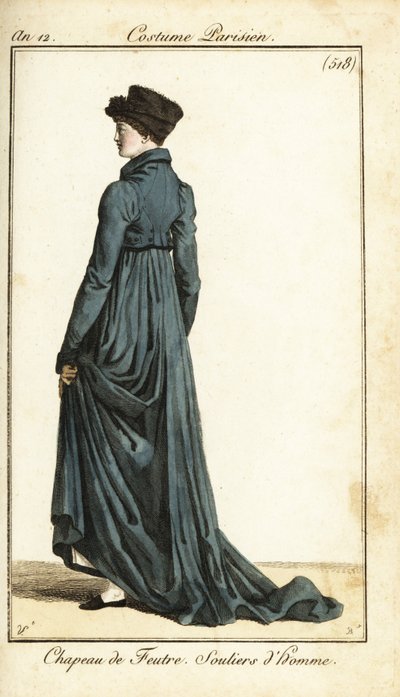 Vrouw met vilten hoed, lange rijjas, herenslippers, Parijs door Carle Vernet