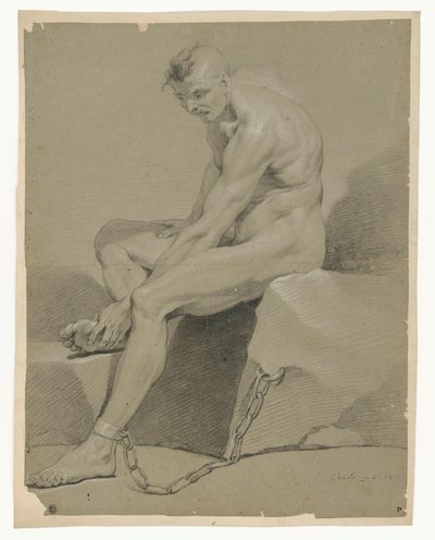 Naaktstudie van een zittende gevangene, aan een rots geketend door Carle van Loo