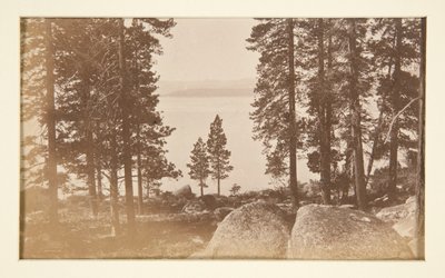 Vier spoorwegscènes en vier uitzichten op Lake Tahoe: Lake Tahoe vanuit Warm Springs door Carleton E. Watkins