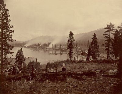 View of Gleenbrook [sic] Bay, Lake Tahoe, Showing Saw Mills, Breakwater and Steamers of Carson and Tahoe Lumber and Flume Co., also Lake Terminus of Lake Tahoe, N.G.R.R. door Carleton Watkins