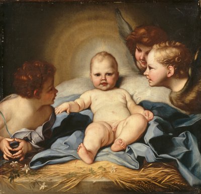 Het Kind Christus met Engelen en het Kind Johannes de Doper door Carlo (follower of) Maratta or Maratti
