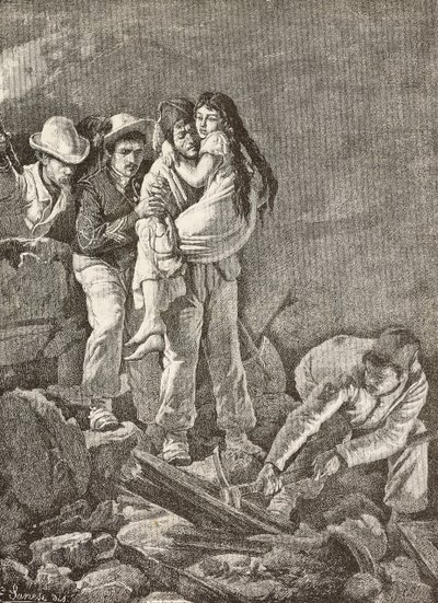 Een meisje wordt gered nadat haar huis instortte, aardbeving in Casamicciola, Italië, gravure naar een tekening van E Sanesi en een schilderij van Carlo Ademollo, uit L