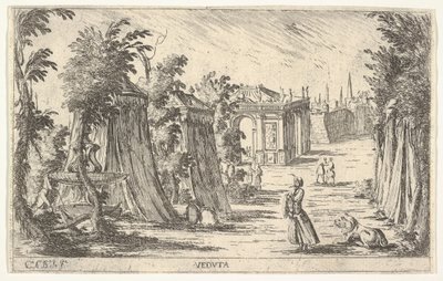 Uitzicht met een man in een tulband en een leeuw staand rechts, tenten en klassieke architectuur, 1680-1710 door Carlo Antonio Buffagnotti
