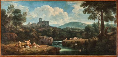 Landschap met rivier, arbeiders gekleed in antieke mode en een dorp door Carlo Antonio Tavella