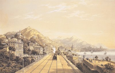 Frontispice uit "Gezichten op de spoorweg tussen Turijn en Genua", 1853 door Carlo Bossoli