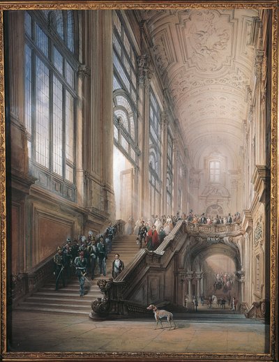 Koning Victor Emmanuel II, Cavour, Ministers en het Hof dalen de trap af in de Senaat in Turijn, na de openingsrede in het Sub-Alpijnse Parlement door Carlo Bossoli