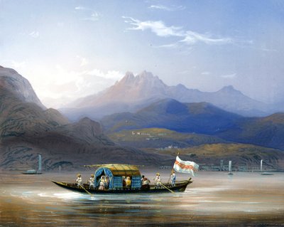 Meer van Como. Een boot. Op de achtergrond is de berg Groma te zien, circa 1830. Schilderij door Bossoli. Como, privécollectie door Carlo Bossoli