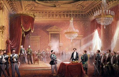 Risorgimento - Victor Emmanuel II ondertekent het Verdrag van annexatie van Toscane, gepresenteerd door Bettino Ricasoli op 22 maart door Carlo Bossoli