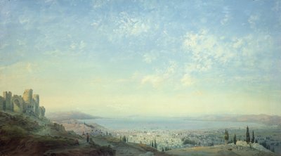 Smyrna vanaf de Citadel op de Berg Pagus, het Cesme-schiereiland en de Tuinen van Bornora met de Kust van Phocaea, 1839 door Carlo Bossoli