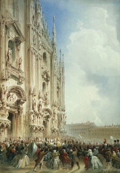 De oorlog in Italië: De aankomst van keizer Napoleon III en de koning van Sardinië bij de Duomo, Milaan, 1859 door Carlo Bossoli