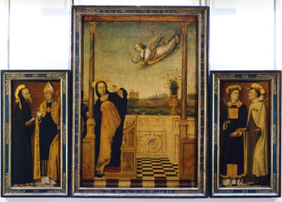 Altaarstuk van de Annunciatie met St. Benedictus, St. Augustinus, St. Stefanus en St. Angelo door Carlo Braccesco