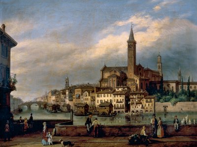 Uitzicht langs de Adige rivier in Verona, met de kerk van St. Anastasia op de achtergrond door Carlo Canella