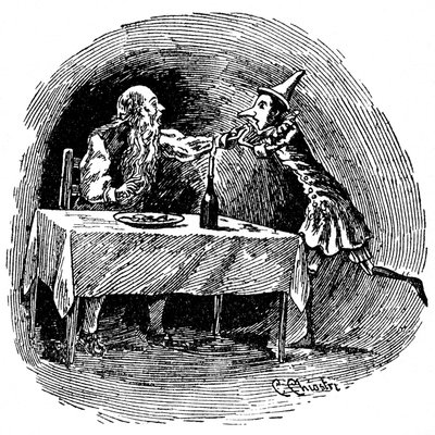 Illustratie van Pinokkio door Carlo Chiostri (1863-1939). De houten pop vindt zijn vader Gepetto in de buik van de haai die hen heeft ingeslikt door Carlo Chiostri