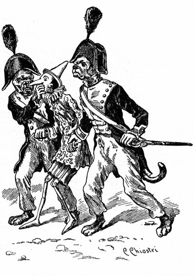Illustratie van Pinokkio door Carlo Chiostri (1863-1939). Twee honden verkleed als gendarmes nemen de houten pop mee door Carlo Chiostri