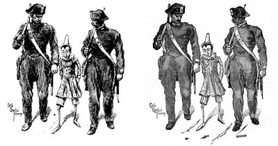 Pinocchio door Carlo Chiostri (1863-1939), een van de eerste Italiaanse illustratoren van het werk van Collodi (Carlo Lorenzini). Twee gendarmes nemen de houten pop mee. Het beeld links is Chiostri