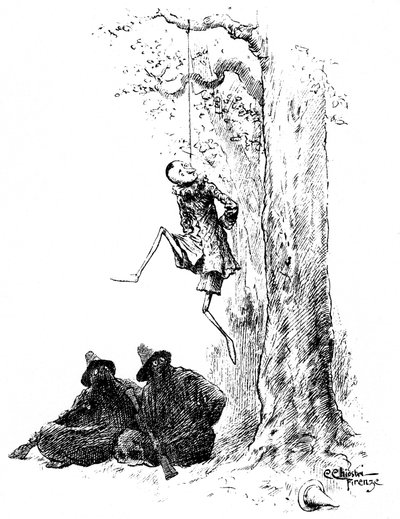 Pinokkio door Carlo Chiostri (1863-1939), een van de eerste Italiaanse illustratoren van het werk van Collodi (Carlo Lorenzini). De houten pop wordt door twee bandieten (de kat en de vermomde vos) aan een boom gehangen. Deze originele tekening van Chiostri door Carlo Chiostri