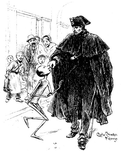 Pinocchio door Carlo Chiostri (1863-1939), een van de eerste Italiaanse illustratoren van het werk van Collodi (Carlo Lorenzini). Een politieagent grijpt de houten pop bij de neus, tot grote vreugde van de geliefde. Deze originele tekening van Chiostri moe door Carlo Chiostri