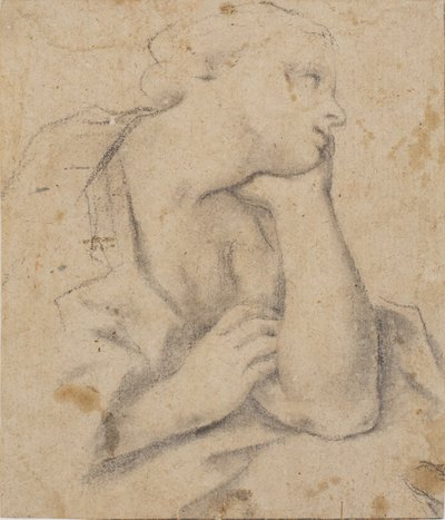 Zittende vrouw, die haar hoofd in haar hand rust. Buste door Carlo Cignani