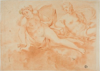 Twee in wolken gehulde naakte vrouwenfiguren (recto); fragment van liggende figuur (verso) door Carlo Cignani
