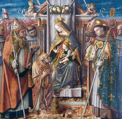 Duits: Tronende Madonna met het kind, de overhandiging van de sleutels aan Sint-Petrus de Apostel en met Sint-Jan Capistranus, Sint-Emidius, Sint-Franciscus, Sint-Louis van Toulouse, de zalige Giacomo della Marca en een bisschop Tronende Madonna met het ki door Carlo Crivelli