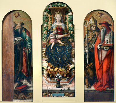 Madonna en Kind en Heiligen Petrus en Paulus, Ansovino en Jerome door Carlo Crivelli