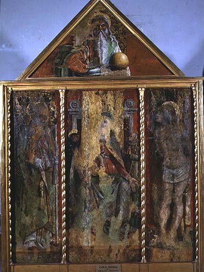 Madonna en kind met heiligen, het eerste drieluik van Valle Castellamo door Carlo Crivelli
