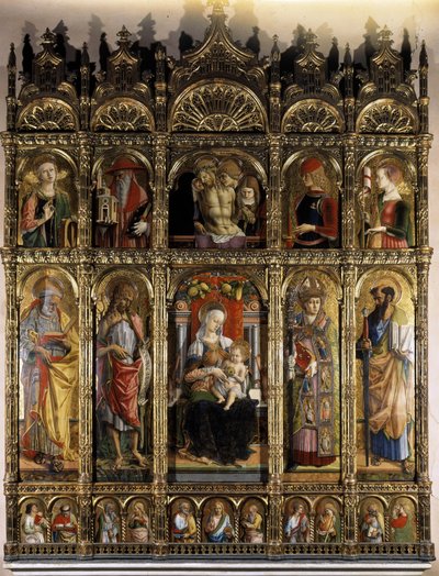 Polyptiek met een Pietà, en de onderste partij een Madonna met kind door Carlo Crivelli
