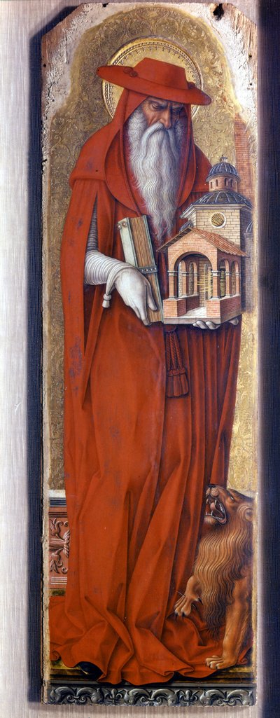 Sint Hiëronymus draagt het kostuum van de bisschop (mijter). Predelle Demidoff door Carlo Crivelli (1430/35 - 1494). 1476. door Carlo Crivelli