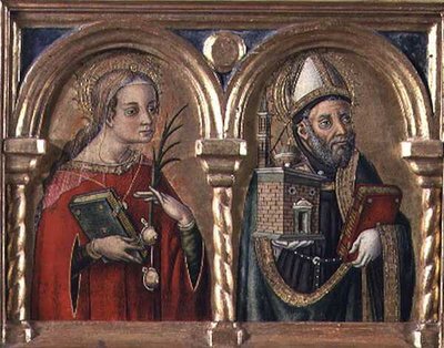 St. Agatha en St. Augustinus (predella paneel) (detail) door Carlo Crivelli