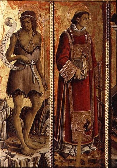 Sint Johannes de Doper en Sint Laurentius, detail van het San Silvestro polyptiek door Carlo Crivelli