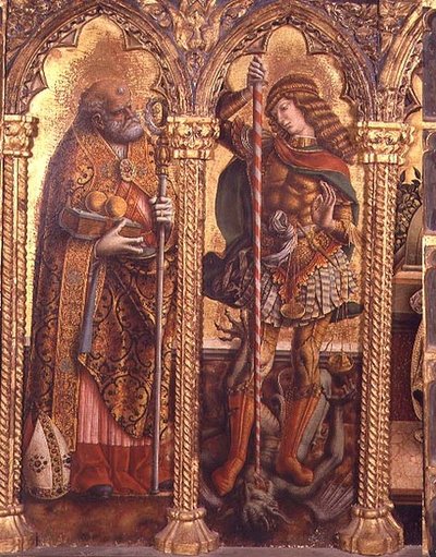Sint Nicolaas en Sint Michaël, detail van het San Martino polyptiek door Carlo Crivelli