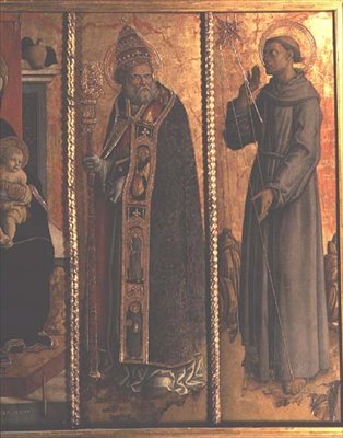 St. Sylvester en St. Franciscus, detail van het San Silvestro polyptiek door Carlo Crivelli