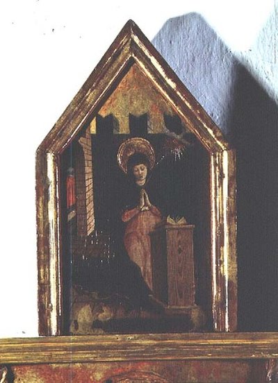De Annunciatie, detail van het San Silvestro polyptiek door Carlo Crivelli
