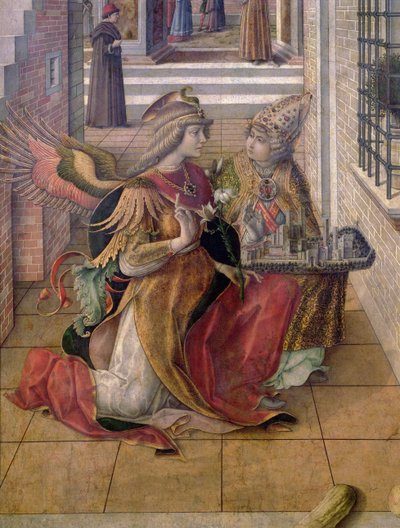 De Annunciatie met St. Emidius, detail van de aartsengel Gabriël met de heilige, 1486 (detail) door Carlo Crivelli