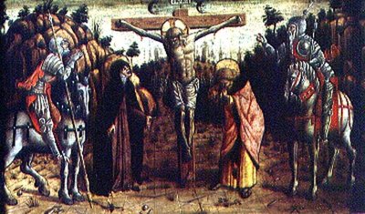 De Kruisiging, centraal linker predella paneel van het San Silvestro polyptiek door Carlo Crivelli